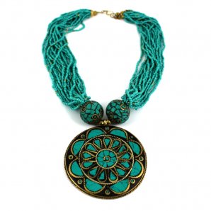Disc Pendant Necklace, Turquoise/Brass