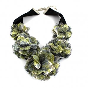 Fabric Floral Necklace, Lime/Black