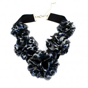 Fabric Floral Necklace, Midnight Blue