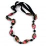 Printed Ribbon Tie and Bead Necklace, Red 